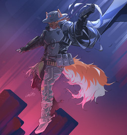 anthro armor cape clothing fluffy fluffy_tail gun hat headgear headwear male ranged_weapon smile solo tail weapon danny4nex bungie destiny_(series) destiny_2 canid canine mammal hi_res