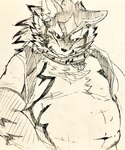 anthro belly chest_tuft clothed clothing countershading ear_piercing ear_ring embarrassed jacket jewelry looking_away male moobs navel necklace open_clothing open_jacket open_topwear overweight piercing ring_piercing solo topwear tuft kogiinu lifewonders tokyo_afterschool_summoners seth_(tas) canid canine canis jackal mammal hi_res