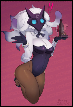 alcohol anthro beverage breasts bunny_costume cigarette clothed clothing costume female mask no_pupils solo wearing_mask wide_hips wine honeycalamari league_of_legends riot_games tencent kindred_(lol) lamb_(lol) bovid caprine mammal sheep hi_res