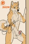 anthro balls bodily_fluids cum erection fur genital_fluids genitals hair looking_at_viewer male nipples nude penis simple_background smile solo tail text franklyfurry ych_(character) canid canine canis domestic_dog mammal shiba_inu spitz 2024 2:3 hi_res url