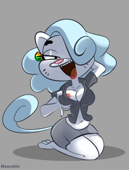 3_toes 4_fingers accessory anthro areola areola_slip arms_bent barefoot bedroom_eyes belly big_areola big_breasts big_eyes big_hair big_mouth_(anatomy) big_nipples biped black_clothing black_eyebrows black_eyes black_markings black_shirt black_topwear blue_hair blue_tail bottomwear breast_grab breasts button_(fastener) clothed clothed_anthro clothed_female clothing collarbone collared_shirt curled_tail decorative_pin eyebrows eyelashes fangs feet female fingers fully_clothed fully_clothed_anthro fully_clothed_female fur fusion glistening glistening_eyelids glistening_lips grey_background grey_bottomwear grey_clothing grey_skirt hair hair_over_eye half-closed_eyes hand_behind_head hand_on_breast hand_on_own_breast head_tilt humanoid_hands iris kneeling legs_together light_body light_fur lips lipstick long_eyelashes looking_at_viewer makeup markings mature_anthro mature_female medium_hair monotone_background narrowed_eyes navel nipple_dip nipple_slip nipples no_bra no_pupils open_mouth open_smile orange_tongue pin_accessory pin_button pink_areola pink_nipples pink_nose plantigrade pointy_ears pose prick_ears puffy_hair red_lips red_lipstick seductive shadow shirt short_sleeves simple_background skirt slightly_chubby slightly_chubby_anthro slightly_chubby_female smile smiling_at_viewer snout solo tail teeth text thick_bottom_lip thick_eyebrows thick_thighs three-quarter_view toes tongue topwear whisker_markings white_body white_breasts white_ears white_fur white_sclera maynubispin cartoon_network the_amazing_world_of_gumball nicole_watterson nicoshida yuki_yoshida domestic_cat felid feline felis mammal 2025 absurd_res artist_name digital_drawing_(artwork) digital_media_(artwork) hi_res