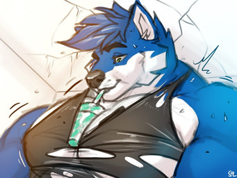 anthro big_muscles big_pecs black_clothing black_topwear blue_body blue_fur blue_hair clothed clothing drinking fur glistening glistening_eyes green_eyes hair huge_muscles huge_pecs inner_ear_fluff male male_anthro messy_hair mouth_closed muscular muscular_anthro muscular_male pecs short_hair solo topwear torn_clothing torn_topwear tuft white_body white_fur white_inner_ear_fluff solaxe_(artist) canid canine mammal 4:3 bust_portrait portrait signature