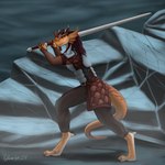 anthro armor claws female fighting_pose hair horn long_tail longsword melee_weapon membrane_(anatomy) orange_eyes pose solo sword tail weapon aydaharart artfight2024 mythology dragon mythological_creature mythological_scalie scalie 1:1 absurd_res hi_res