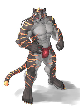 abs anthro biceps big_muscles biped bulge claws clothed clothing front_view male muscular muscular_anthro muscular_male pecs simple_background solo speedo standing swimwear toe_claws topless underwear white_background captainjohkid felid mammal pantherine tiger 3:4 hi_res source_request unavailable_at_source