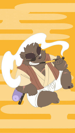 anthro bottomwear brown_body brown_fur clothing eye_patch eyewear fur humanoid_hands kemono male overweight overweight_anthro overweight_male robe scar shorts sitting smoking solo kinoshita-jiroh the_spicy_ninja_scrolls gouki_(the_spicy_ninja_scrolls) bear mammal 2015 9:16 hi_res