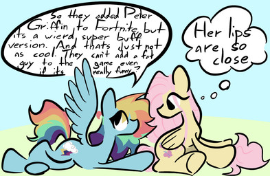 blue_body dialogue duo female female/female looking_at_another looking_up text thinking wings captainzigo epic_games family_guy fortnite friendship_is_magic hasbro my_little_pony mythology fluttershy_(mlp) rainbow_dash_(mlp) equid equine horse mammal mythological_creature mythological_equine pegasus pony english_text