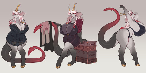 2_horns amber_eyes anthro big_breasts biped bra breasts clothed clothed_anthro clothed_female clothing cloven_hooves dress eyelashes eyes_closed female fur grey_body grey_fur hair highlights_(coloring) hooves horizontal_pupils horn huge_breasts jacket lips long_hair long_tail multiple_outfits multiple_poses navel panties pink_eyelids pink_lips pose pupils red_highlights smile solo spade_tail suitcase sweater tail thick_thighs topwear underwear unguligrade white_hair wide_hips furlana thea_rosenheim bovid caprine caprine_demon demon goat goat_demon ibex mammal hi_res