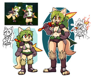 :3 anthro armor big_breasts bikini_armor biped black_nose bodily_fluids boots bottomwear breasts chibi choker claws clothed clothing crossed_arms ellipsis fangs female fire fire_sword footwear fur gloves green_hair hair hair_on_fire hand_on_hip handwear holding_melee_weapon holding_object holding_sword holding_weapon hotpants jewelry long_hair looking_at_viewer melee_weapon multiple_poses navel necklace orange_eyes outline pauldron pose shoes shorts simple_background solo standing sweat sweatdrop sword teeth toe_claws toeless_boots toeless_footwear unconvincing_armor weapon white_background white_outline yellow_body yellow_fur fuel_(artist) atlyss pepper_(fuel) canid canine fox mammal 2026 hi_res reference_image