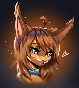 ahoge anthro blue_collar blush brown_body brown_fur brown_hair collar countershade_face countershade_fur countershading ear_tuft eyebrow_through_hair eyebrows eyelashes fangs female fur hair heart_symbol long_hair looking_at_viewer pink_inner_ear simple_background solo tan_body tan_fur teeth translucent translucent_hair tuft unsigned yellow_eyes mayrin_(artist) annika_(earlyej) felid mammal 2023 absurd_res digital_media_(artwork) headshot_portrait hi_res portrait shaded