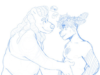accessory anthro blush dreadlocks duo emoji eye_contact eyebrows hair hair_accessory hairclip hand_on_belly heart_(marking) long_ears looking_at_another male male/male male_anthro markings messy_hair nude_anthro nude_male raised_eyebrow simple_background slightly_chubby smile white_background p_rindustries bear lagomorph leporid mammal rabbit 4:3 guide_lines hi_res monochrome sketch