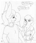 anthro babysitter breasts cleavage clothed clothing dialogue duo female gown male simple_background small_breasts text white_background young young_anthro mike_sherman lagomorph leporid mammal rabbit black_and_white english_text monochrome