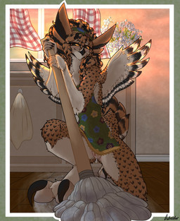 anthro apron apron_only beak bodily_fluids brown_hair claws cleaning cleaning_tool clothing crouching curtains feathered_wings feathers female flower front_view genital_fluids genitals hair holding_cleaning_tool holding_mop holding_object inside kitchen looking_at_viewer mop plant smile solo sunset tail tail_feathers toe_claws vaginal_fluids vulva wings yellow_eyes owliellder sky_(owliellder) avian bird owl hi_res