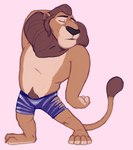 anthro body_hair bottomwear clothing eyes_closed happy_trail male shirtless shorts solo standing zootopia_shorts spectral-bat disney zootopia leodore_lionheart felid lion mammal pantherine hi_res