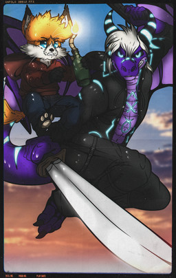 abs angry anthro athletic athletic_anthro athletic_male blue_eyes blue_markings bottomwear clothing duo fire gun hair handgun hoodie katana male markings melee_weapon molotov_cocktail pants pecs pistol purple_body ranged_weapon scales soft_abs sword topwear ventral_scales weapon white_hair 0l-fox-l0 mythology foxo_(0l-fox-l0) grydir_dacanoor_(griffonki) canid canine dragon fox mammal mythological_creature mythological_scalie scalie absurd_res hi_res