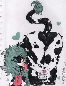 anthro anus bent_over big_ears blush blush_lines butt butt_heart embarrassed female floppy_ears genitals green_eyes hair heart_symbol hooves looking_at_viewer nude sign solo tail tail_tuft teal_hair tuft vulva mootsncompany mumei_(mootsncompany) bovid bovine cattle holstein_friesian_cattle mammal absurd_res hi_res sketch traditional_media_(artwork)