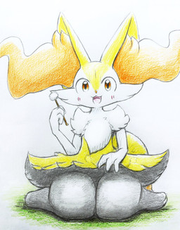 ambiguous_anthro ambiguous_gender anthro biped blush digitigrade front_view holding_object kneeling looking_at_viewer mimikaki nude_ambiguous nude_anthro open_:3 open_mouth open_smile patting_lap simple_background smile solo eiroru nintendo pokemon braixen canid generation_6_pokemon mammal pokemon_(species) 2024 colored_pencil_(artwork) full-length_portrait graphite_(artwork) hi_res portrait traditional_media_(artwork)