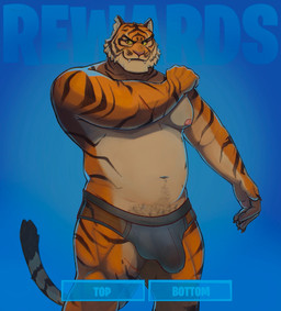 anthro areola balls balls_outline barazoku barely_visible_balls barely_visible_genitalia barely_visible_penis belly biceps big_bulge big_muscles biped blue_background body_hair bulge button_prompt claws clothed clothing detailed_bulge erection erection_under_clothing eyebrows fur genital_outline genitals glans gui happy_trail humanoid_genitalia humanoid_penis looking_at_viewer male male_anthro moobs musclegut muscular muscular_anthro muscular_male navel nipples pecs penis penis_outline pubes scar simple_background smile solo standing tenting text thick_thighs topless topless_anthro topless_male translucent translucent_clothing translucent_underwear tuft underwear underwear_only zcdartz epic_games fortnite oscar_(fortnite) felid mammal pantherine tiger 2024 english_text hi_res