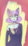 anthro big_breasts breasts cleavage clothed clothing dress female hair jewelry piercing pink_hair solo bbravaa polly_(bbravaa) felid feline mammal hi_res