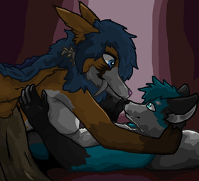 anthro blue_hair duo hair herm heterochromia intersex intersex/male male dragonflied3 pinefox sylvanos_(dragonflied3) canid canine fox mammal zordian