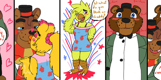 3_toes 4_fingers 8_panel_comic alternate_form alternate_universe anthro arm_feathers arms_bent asking asking_another beaded_hair_tie beak big_breasts big_eyes black_bottomwear black_bow_tie black_claws black_clothing black_eyebrows black_pants black_top_hat blonde_hair blue_clothing blue_dress blue_eyes blush blush_lines bodily_fluids bottomwear bow_tie breasts brown_body brown_clothing brown_footwear brown_fur brown_shoes button_(fastener) cheek_spots claws cleavage clothed clothed_anthro clothed_female clothed_male clothing dancing dialogue dress eyebrows fangs feather_hands feathers feet female finger_claws fingers fist footwear fully_clothed fully_clothed_anthro fully_clothed_male fur furrowed_eyebrows green_clothing green_suit group hair hand_behind_back hands_on_own_face happy heart_symbol hearts_around_head humor insult interspecies kick kiss_on_lips kissing larger_anthro larger_male light logo long_hair looking_at_another looking_at_viewer love male male/female midair multicolored_body multicolored_fur multicolored_hair muscular muscular_anthro muscular_female name_drop name_in_dialogue nervous nervous_sweat nickname non-mammal_breasts nudging on_one_leg orange_beak pants pattern_clothing pattern_scarf pink_clothing pink_footwear pink_hair pink_tongue ponytail purple_eyes red_cheeks red_scarf scarf shoes short_hair size_difference smaller_anthro smaller_female smaller_male smile smiling_at_another sparkles sparkling_eyes speech_bubble standing star_(shape) striped_clothing striped_scarf stripes suit sweat talking_to_another talons teeth text thick_eyebrows toes tongue toothed_beak two_tone_body two_tone_fur two_tone_hair whisker_spots white_dress_shirt white_talons yellow_tail_feathers skywater five_nights_at_freddy's five_nights_at_freddy's_2 fredbear_college scottgames cheeca_touy_chiken chica_(fnaf) chica_chiken freddy_(fnaf) freddy_fazbear_(fbc) frederick_toie_urfazz toy_chica_(fnaf) toy_freddy_(fnaf) avian bear bird brown_bear chicken galliform mammal phasianid ursine 2016 absurd_res artist_logo colored comic digital_drawing_(artwork) digital_media_(artwork) english_description english_text hi_res lighting long_image shaded wide_image sibling_(lore) sister_(lore) sisters_(lore)