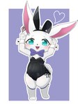 anthro barefoot belly black_clothing black_nose blue_eyes blush blush_lines bow_tie buckteeth bunny_costume clothing costume cotton_tail cuffs_(clothing) ear_piercing ear_ring eyelashes fake_ears fake_rabbit_ears feet female flat_chested front_view heart_symbol leg_accessory leotard navel_outline open_mouth pear-shaped_figure piercing rabbit_ears raised_arms ring_piercing simple_background slightly_chubby slightly_chubby_anthro slightly_chubby_female solo teeth thick_thighs thin_eyebrows wide_hips chemteine duel_masters mei-sama_(duel_masters) lagomorph leporid mammal rabbit 2025 hi_res