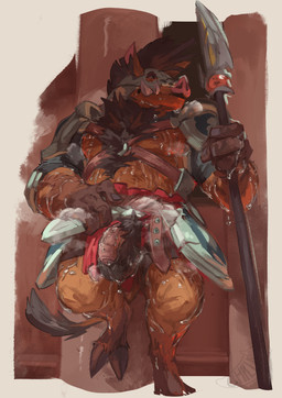 anthro armor balls bodily_fluids body_hair chest_hair cloven_hooves fur genitals hairy_balls hait hooves male melee_weapon muscular muscular_anthro muscular_male pauldron penis polearm pubes solo spear sweat tail tusks weapon babanasaur mammal suid suine sus_(pig) wild_boar hi_res