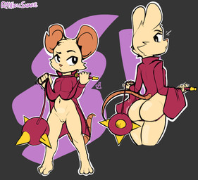 anthro black_eyes bottomless breasts butt cheek_tuft clothed clothing eyelashes facial_tuft feet female front_view fur genitals grey_background holding_object holding_whip looking_back navel notched_ear pink_clothing pink_nose pink_topwear rear_view simple_background small_breasts solo tan_body tan_fur topwear tuft vulva weapon whip raviolisnake mina_the_hollower yacht_club_games mina_(mina_the_hollower) mammal mouse murid murine rodent