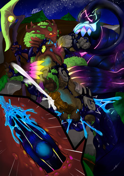 absorbing all_the_way_through anal anal_penetration animal_genitalia animal_penis antlers arm_pull axe ball_tuft balls big_balls bodily_fluids cum cum_inflation cum_inflation_progression cum_inside cum_while_penetrated cumshot duo ejaculation equine_genitalia equine_penis excessive_cum excessive_genital_fluids eye_roll flared_penis forest from_behind_position fur genital_fluids genitals goo_drip grin head_tentacle heart_symbol holding_character horn humanoid_genitalia humanoid_penis image_sequence inflation internal inverted_question_mark load_going_through looking_pleasured male male/male medial_ring motion_lines penetration penis plant prison_guard_position questionable_consent restrained rock sex size_difference slime slime_on_body smile submissive submissive_male tentacle_around_arm tentacles tongue tongue_out tree tuft unusual_bodily_fluids unusual_cum unusual_genital_fluids vein veiny_penis vithanaeko league_of_legends riot_games tencent hecarim_(lol) zac_(lol) equid equid_taur equine goo_creature goo_humanoid humanoid mammal mammal_taur slime_(blob) taur hi_res story story_in_description
