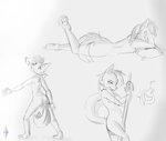 anthro dance_floor dancing female heart_reaction heart_symbol nude pillow pole pole_dancing question_mark solo tongue tongue_out kadeki kadeki_(character) canid canine canis domestic_dog husky hybrid mammal nordic_sled_dog spitz wolf greyscale hi_res monochrome sketch