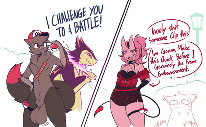 animal_genitalia anthro balls baseball_cap_only beak big_balls blush blush_lines bottomwear breasts choker clothing dialogue eyelashes feathers female freckled_shoulders freckles fully_sheathed genitals grey_body grey_feathers group horn huge_balls jewelry long_eyelashes male motion_lines necklace piercing pink_body pink_horn pink_skin pokeball red_eyes scuted_arms scuted_hands scutes sheath shorts tail text tuft giidenuts nintendo pokemon carrie_(giidenuts) pokemon_trainer avian bird demon demon_humanoid generation_2_pokemon horned_humanoid humanoid mammal pokemon_(species) typhlosion comic english_text hi_res