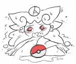 blush bodily_fluids female pokeball pokeball_censor solo sweat unknown_artist fakemon nintendo pokemon pokemon_sage xochi censored monochrome