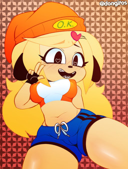 accessory anthro big_eyes biped black_eyes blonde_hair bottomwear braces camel_toe clothing crop_top crossgender eyelashes female floppy_ears gesture hair hair_accessory hand_gesture hat headgear headwear heart_eyes heart_symbol long_hair midriff mtf_crossgender nipple_outline pattern_background pupils shirt shorts simple_background smile solo symbol-shaped_pupils text text_on_clothing text_on_hat text_on_headwear topwear unusual_pupils v_sign wide_hips dongitos parappa_the_rapper sony_corporation sony_interactive_entertainment parappa parappa_the_trappa canid canine canis domestic_dog mammal 2019 english_text hi_res signature