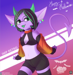 anthro blep blush blush_lines clothing collar crop_top eyewear female glasses gloves handwear horn purple_body shirt solo standing tongue tongue_out topwear senz imp absurd_res hi_res