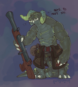 3_toes anthro bag balls_outline belt belt_buckle bottomwear breath buckle bulge claws clothed clothing curved_horn detailed_bulge dialogue eyes_closed feet finger_claws genital_outline gradient_background green_body green_horn green_scales greeting gun holding_object holding_weapon horn male muscular muscular_anthro muscular_male on_ground penis_outline ranged_weapon ridged_horn rifle scales simple_background skirt smile solo standing tail tail_under_skirt teeth text thick_tail toe_claws toes underwear weapon white_claws redishdragie fallout microsoft deathclaw scalie 2021 digital_media_(artwork) english_text hi_res signature