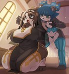 anthro big_breasts black_body black_fur blue_clothing blue_eyes blue_hair blue_legwear blue_thigh_highs blush breasts brown_body brown_fur clothed clothing cross duo feet female female/female fur green_eyes hair huge_breasts kneeling legwear light nails nun open_mouth praying praying_hands sharp_nails sharp_toenails small_breasts smile squish sunlight thick_thighs thigh_highs thigh_squish toenails toes white_clothing white_legwear white_thigh_highs window kaeritai07 nuwa_nightstone bear giant_panda mammal absurd_res character_request hi_res