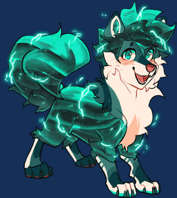 alternate_species ambiguous_gender claws electricity feral feralized fur furrification green_body green_claws green_eyes green_fur lightning markings smile solo white_chest white_markings insinirate my_hero_academia izuku_midoriya elemental_creature waterdog 2017 alpha_channel