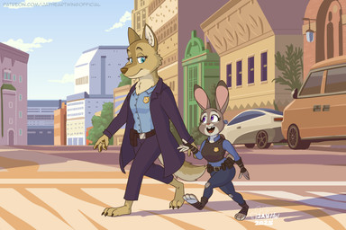 anthro belt blue_eyes bottomwear buckteeth building car city city_background clothing cloud collared_shirt dress_shirt duo female footwear fur grey_body grey_fur holster jacket modern_architecture multicolored_body multicolored_fur neo-classical_architecture open_mouth outside pants plant police police_officer police_uniform purple_eyes romanesque_architecture shirt sky skyscraper tan_body tan_fur teeth text topwear tree two_tone_body two_tone_fur uniform urban vehicle jayheartwing disney zootopia fan_character holly_howell judy_hopps canid canine canis european_rabbit lagomorph leporid mammal oryctolagus rabbit wolf 2025 3:2 absurd_res digital_media_(artwork) english_text hi_res signature url