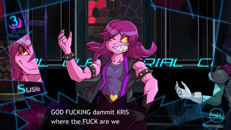 ambiguous_gender anthro armband bracelet clothed clothing dialogue duo female hair humor jacket jewelry muscular muscular_arms open_clothing open_jacket open_topwear profanity purple_body purple_hair snowgrave spiked_armband spiked_bracelet spikes teeth text topwear waddledox danganronpa danganronpa_v3 deltarune kris_where_are_we spike_chunsoft undertale_(series) berdly kris_dreemurr susie_(deltarune) avian bird human mammal scalie 16:9 2021 english_text hi_res meme redraw widescreen