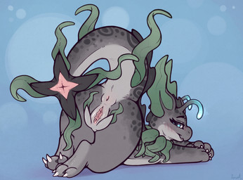 2_vulvas 3_toes abstract_background animal_genitalia antennae_(anatomy) anus ass_up blush butt claspers claws feet female feral genitals glowing glowing_antennae grey_body literal_tailhole looking_at_viewer looking_back looking_back_at_viewer lying multi_genitalia multi_vulva on_front presenting presenting_hindquarters presenting_tail seaweed solo tail tail_genitals tail_vulva toes unusual_anatomy unusual_genitalia_placement unusual_tail unusual_vulva_placement vulva yurusa mythology aquatic aquatic_dragon dragon dragonflora mythological_creature mythological_scalie scalie 2025 hi_res