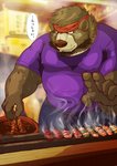 anthro bodily_fluids bottomwear brown_body brown_fur clothing cooking food fur humanoid_hands kemono male overweight overweight_anthro overweight_male pants shirt solo sweat text topwear raichoclub bear mammal 2019 hi_res japanese_text