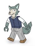 anthro biped clothing fur grey_body grey_fur humor lego_brick male multicolored_body multicolored_fur pun simple_background solo two_tone_body two_tone_fur visual_pun walking what what_has_science_done white_background lux_fox reymon_comander beastars lego legoshi_(beastars) canid canine canis lego_minifigure mammal wolf 2019 3:4 digital_media_(artwork) hi_res