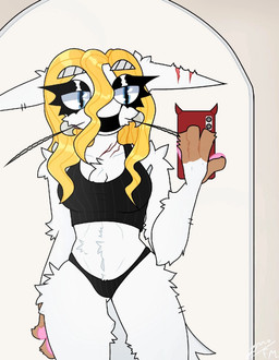 4_fingers 4_jaws anthro bean big_breasts black_clothing black_panties black_shirt black_topwear black_underwear blonde_hair blue_eyes breasts clothing electronics eyebrow_through_hair eyebrows fangs female fingers fur hair long_ears long_hair mirror mirror_selfie panties phone selfie shirt solo standing tail tan_body tan_fur teeth topwear translucent translucent_hair underwear varnex white_body white_fur wounded nikolaussuwulf electronic_arts maxis_(ea) spore_(game) character_request
