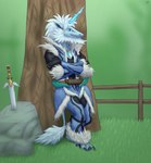 anthro clothing crossed_arms hair male melee_weapon pose simple_background smile solo standing sword weapon testowepiwko capcom monster_hunter elder_dragon kirin_(mh) absurd_res hi_res pinup