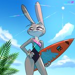 anthro clothing cloud female fur grey_body grey_fur hand_on_hip head_tuft leaf one-piece_swimsuit outside purple_eyes sky smile solo sun surfboard swimwear tuft vehicle watercraft fanartiguess disney zootopia judy_hopps lagomorph leporid mammal rabbit 1:1 2020 hi_res