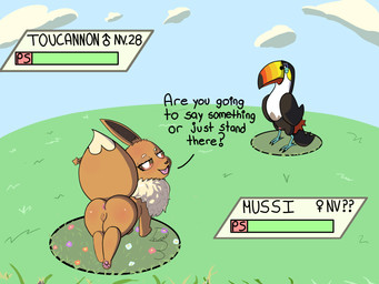 dialogue duo female feral genitals male male/female paws penis pokemon_battle sky text vulva diwzay3 nintendo pokemon mussi eevee generation_1_pokemon generation_7_pokemon pokemon_(species) toucannon 4:3 english_text hi_res