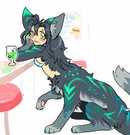 bar beverage blue_bra blue_clothing blue_markings blue_stripes blue_underwear blush bra breasts clothed clothed_female clothed_taur clothing cocktail_glass container cup dipstick_ears drinking_glass ear_markings fangs female female_taur fur furniture glass glass_container glass_cup green_markings green_stripes grey_body grey_fur grey_hair grey_inner_ear_fluff grey_tail hair hand_on_cheek hand_on_own_cheek inner_ear_fluff lips long_hair markings multicolored_body multicolored_ears multicolored_fur pawpads pink_pawpads poster sitting smile solo spots spotted_body spotted_fur stool striped_body striped_fur stripes table tail tan_body tan_skin teal_ear_tips teal_ears teal_markings teal_spots teal_stripes teeth tuft underwear yellow_eyes chatoyancy nightcore_(chatoyancy) canid canid_taur canine canine_taur canis humanoid_taur mammal mammal_taur taur wolf wolf_taur 2024 digital_drawing_(artwork) digital_media_(artwork) hi_res