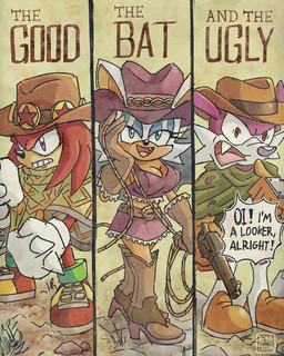 anthro blue_eyes boots breasts cheek_tuft cleavage clothed clothing cowboy_hat facial_tuft female footwear gloves group gun handgun handwear hat headgear headwear high_heeled_boots high_heels holding_gun holding_object holding_ranged_weapon holding_weapon lasso male mexican_poncho one_fang parody pistol poncho purple_body purple_eyes ranged_weapon red_body serape shoes spiked_gloves spikes tuft weapon western_clothing dorefatum sega sonic_the_hedgehog_(series) the_good_the_bad_and_the_ugly fang_the_hunter knuckles_the_echidna rouge_the_bat bat dipodid echidna jerboa mammal monotreme rodent 4:5 hi_res