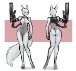 anthro biped breasts butt casual_nudity cocked_hip female fur gatling_gun gun holding_object holding_weapon machine_gun minigun multicolored_body nude pointy_ears ranged_weapon solo standing tail two_tone_body weapon white_body white_tail wrist_gun luigiix sarah_(ionic44) arctic_fox canid canine fox mammal true_fox cel_shading model_sheet shaded