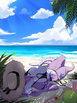 5_fingers anthro areola beach bikini bikini_bottom bikini_top breasts claws clothed clothed_anthro clothed_female clothing cloud countershade_torso countershading exposed_breasts feet female finger_claws fingers hat headgear headwear looking_at_viewer lying navel navel_piercing nipple_piercing nipples on_back orange_eyes outside piercing purple_body purple_scales purple_tail scales sea sky smile solo swimwear tail teeth text toes tongue tongue_out triangle_bikini two-piece_swimsuit water kame_3 reptile scalie snake 2025 absurd_res digital_drawing_(artwork) digital_media_(artwork) english_text hi_res