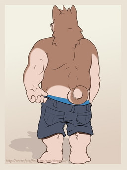 5_fingers anthro barefoot biped bottomwear butt clothed clothing feet fingers fur male overweight overweight_anthro overweight_male rear_view shorts solo standing tacoderes tan_body tan_fur topless underwear tacodebeef theuseless canid canine canis domestic_dog mammal source_request